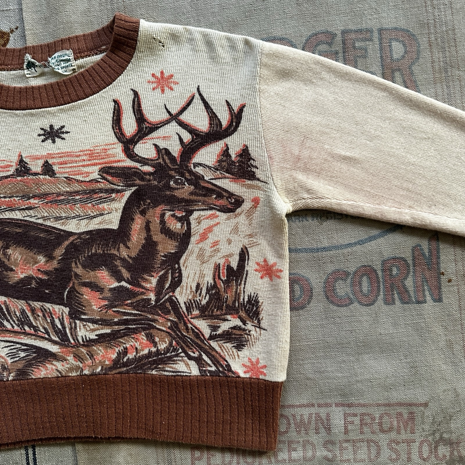 Vintage 1950s Deer Day Glo Graphic Picture Knit Sweater Women’s XS S M