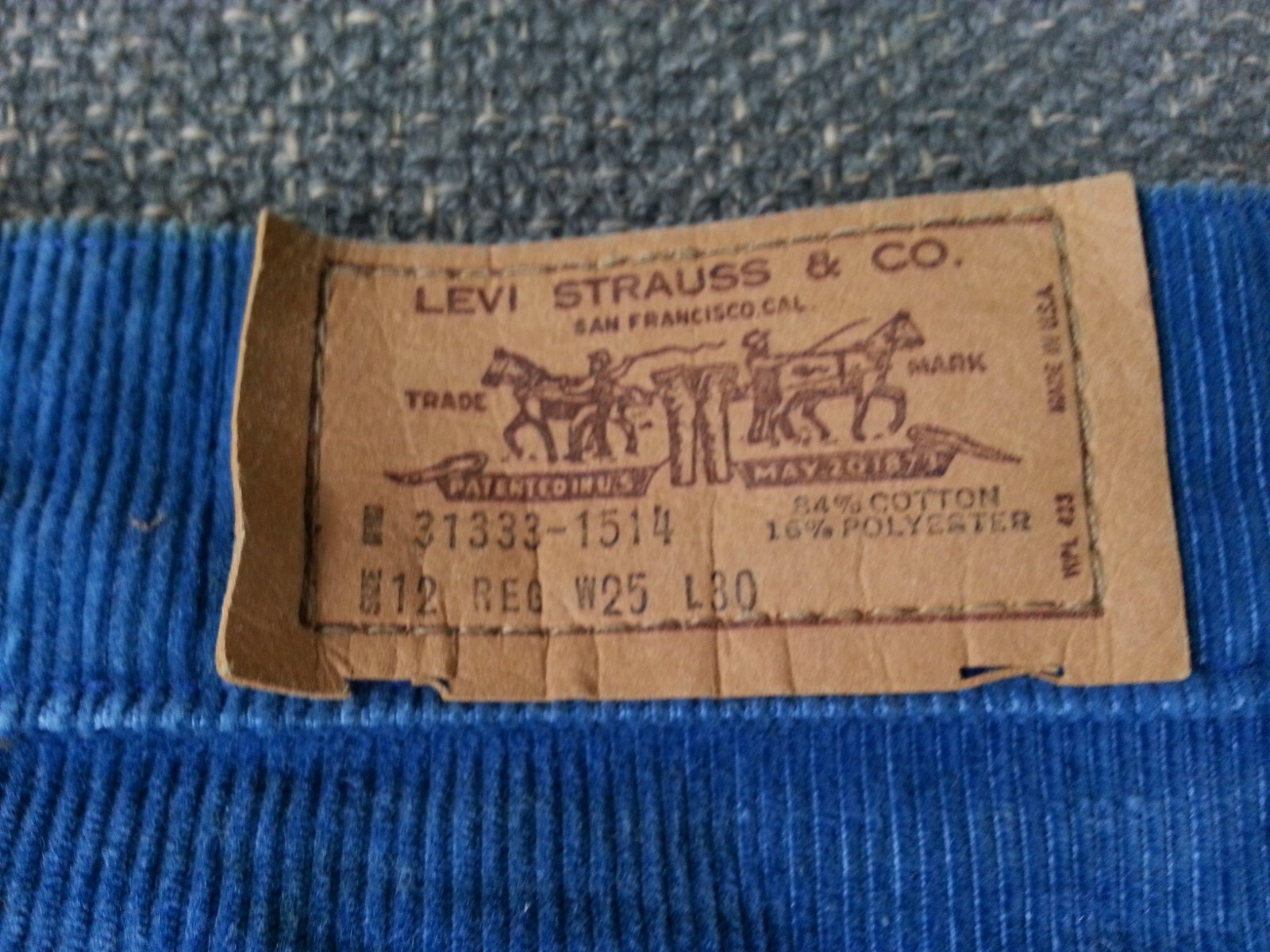 Vtg 1970s Levi Strauss Size 12 Regular Pants Waist 25 Length 30 Corduroy Blue