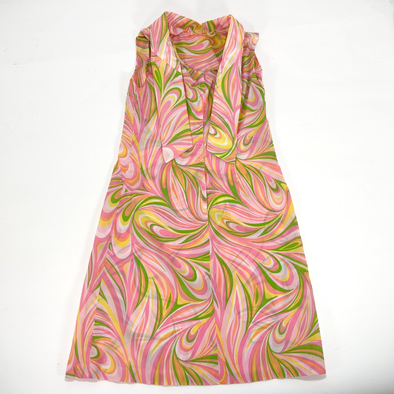 1960s Homemade Mod A-Line Midi Dress Psychedelic Print Tie-Back Collar