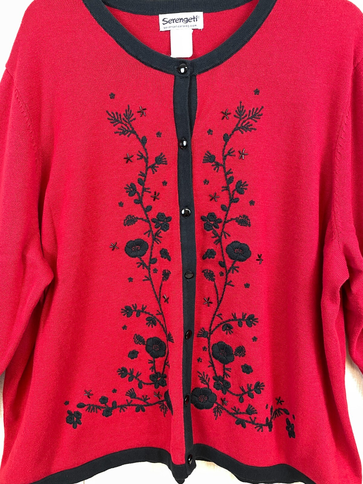 SERENGETI VINTAGE Floral Embroidered Beaded Red Cardigan Sweater 2XL See Pics