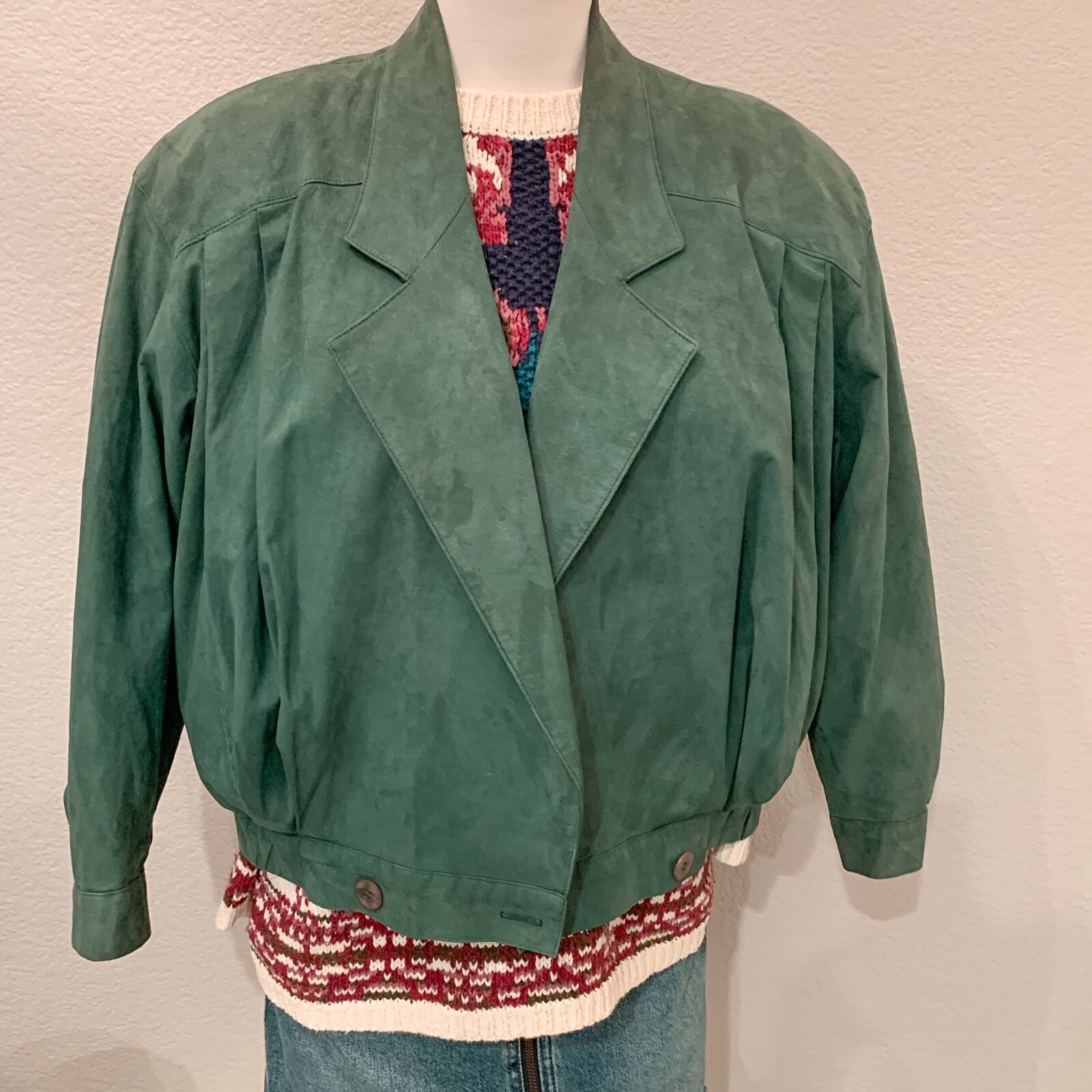 Vintage Women’s Hunter Olive Green Suede Leather Bomber Jacket Size 8 Petite