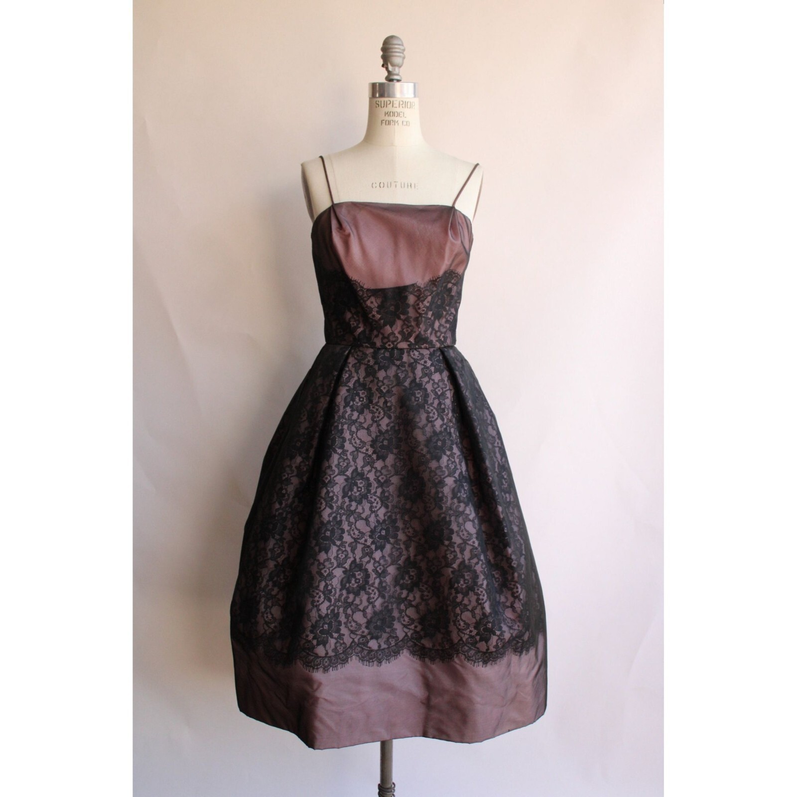 Vintage 1950s Dress, I Magnin Black and Pink Lace Fit and Flare, Extra Small