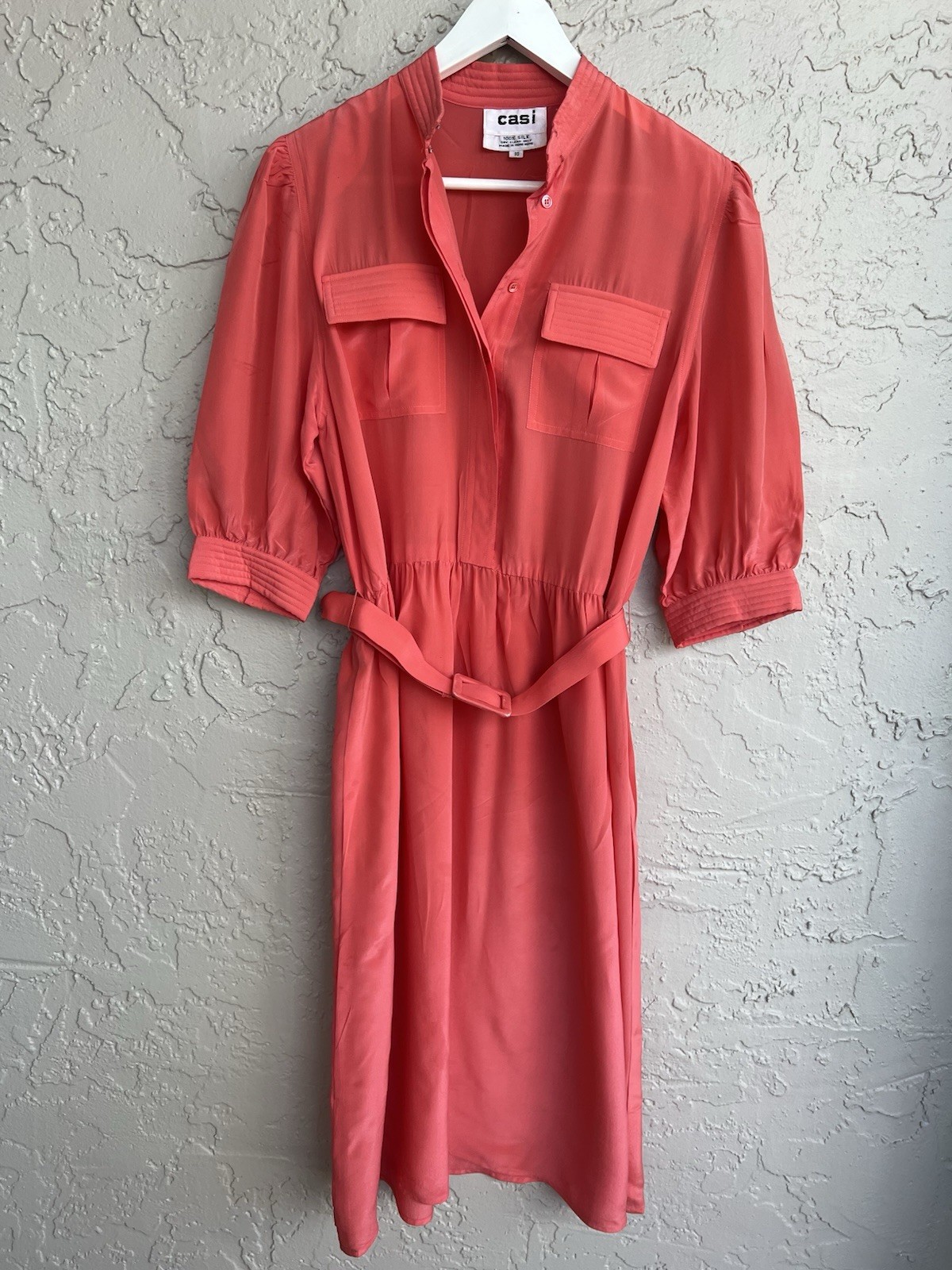 Vintage CASI Peach Orange Front Pockets Belted 100% Silk Women’s Dress Sz 10