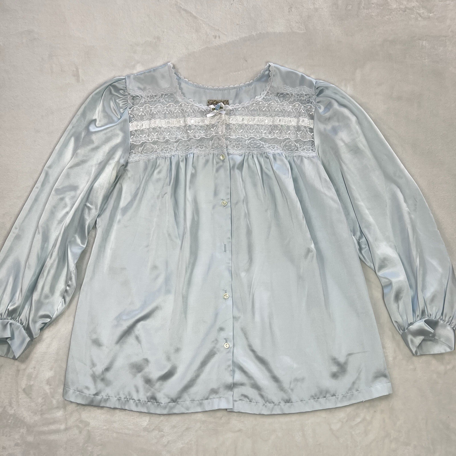 VTG Satin Sleep Top Small Light Blue Long Puff Sleeve Lace Cottage Blouse