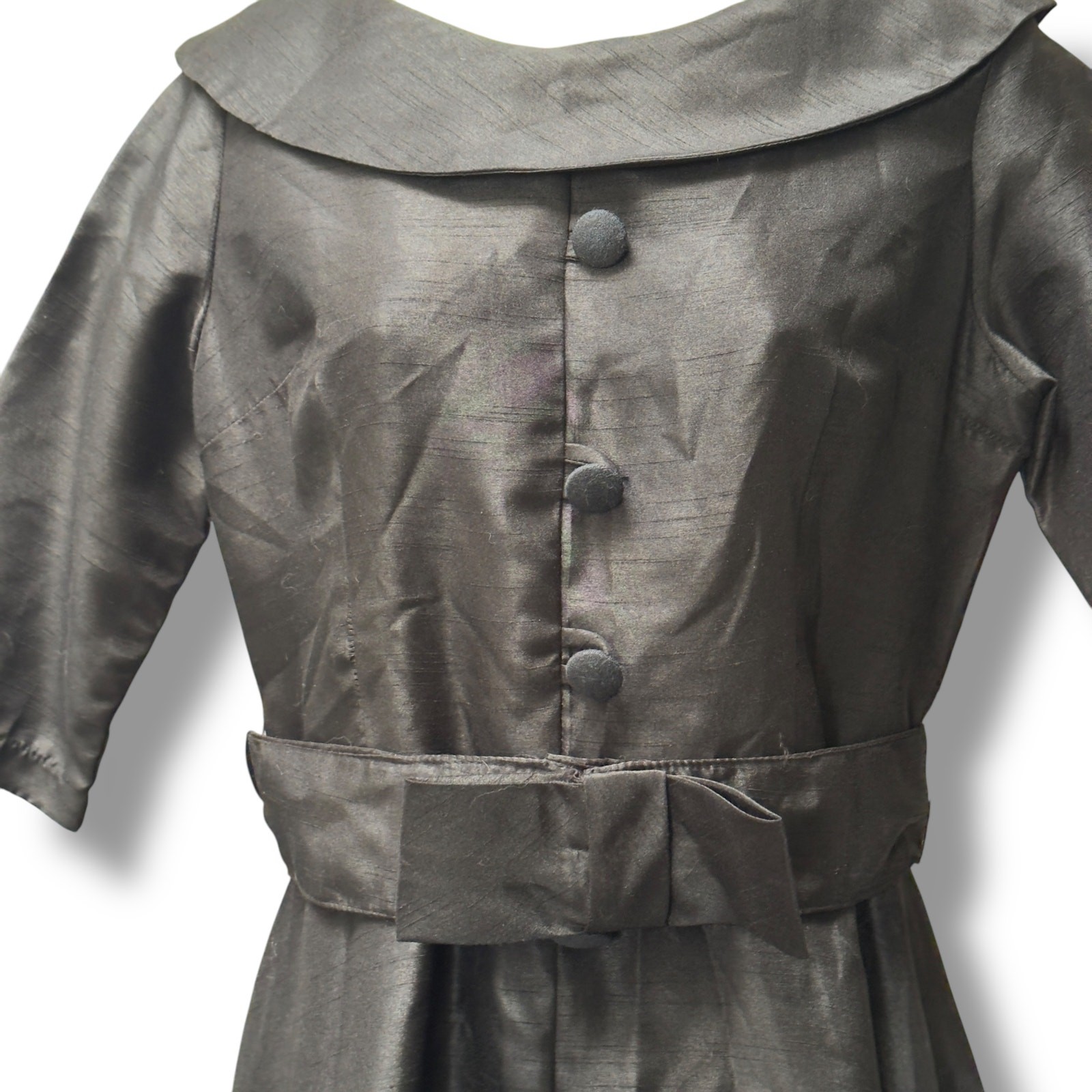 1950’s Black Silk Organza Cocktail Party Dress w Bow Belt Fit and Flare Vintage