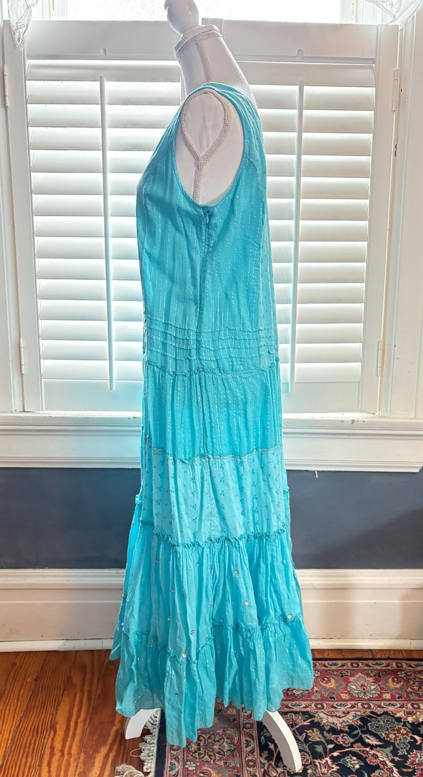 Vintage Phool Turquoise Cotton & Metallic Gauze Maxi Dress – Boho Hippie