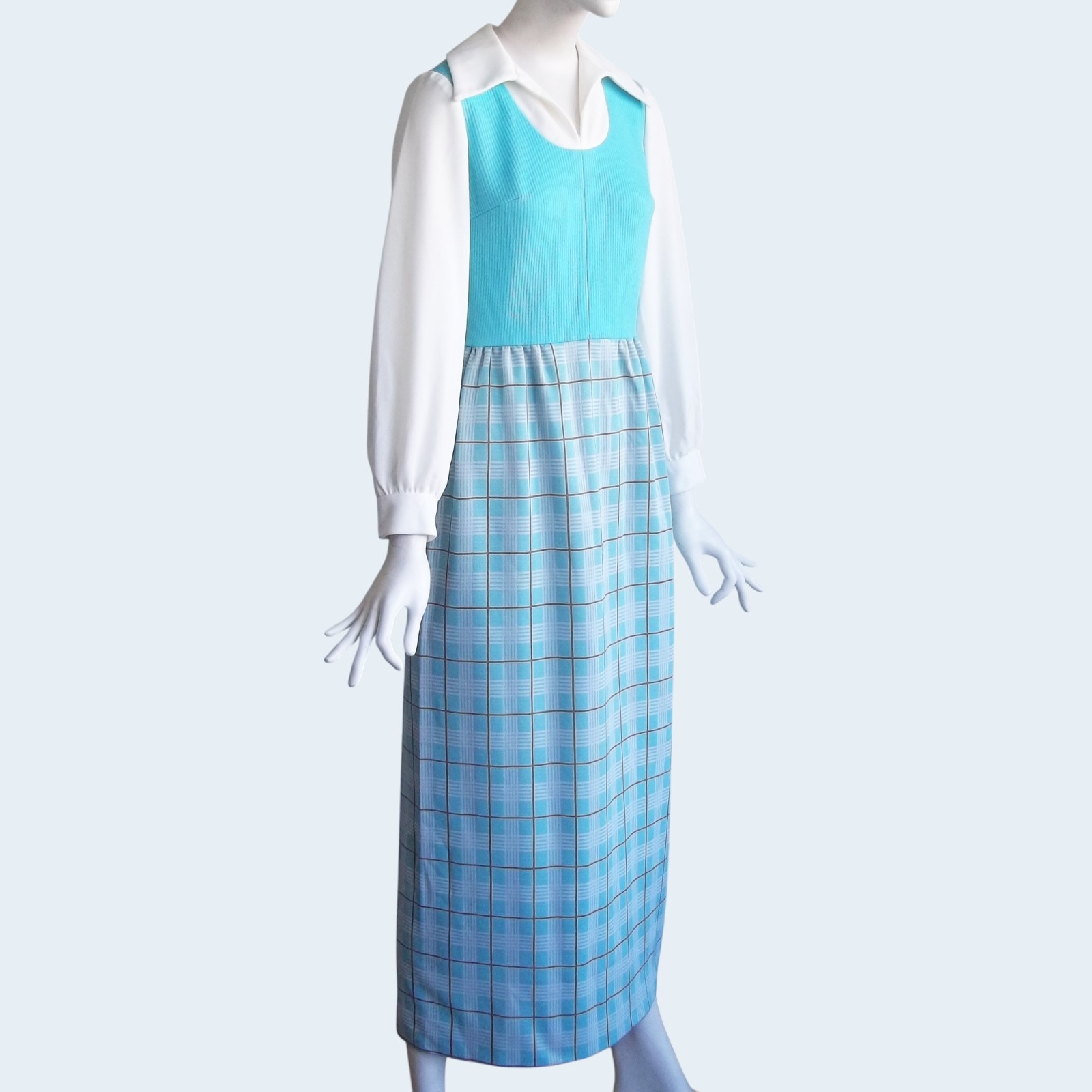 Vintage 70s Ayres ILGWU Tag Dagger Collar Plaid Skirt Double Knit Maxi Dress XS