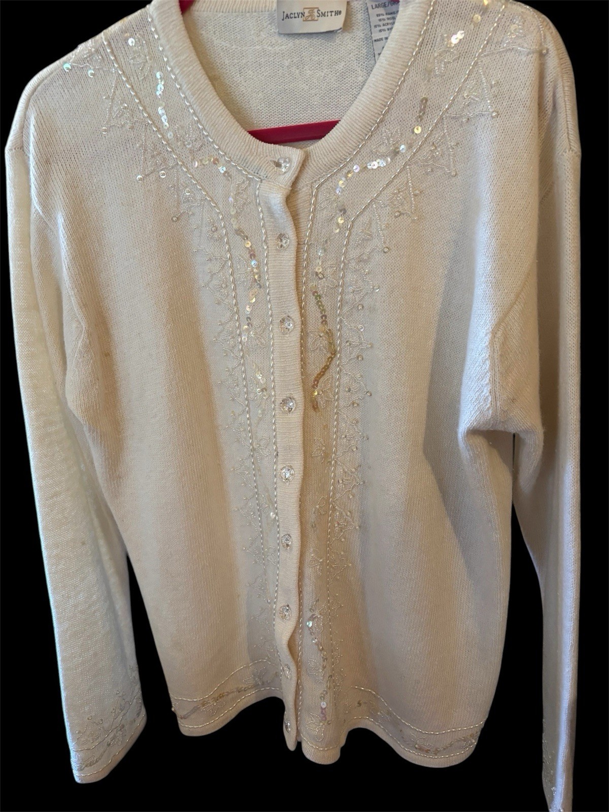 Vintage Jaclyn Smith Large Cream Beaded Sequin Cardigan Ramie Wool Acrylic Nylon