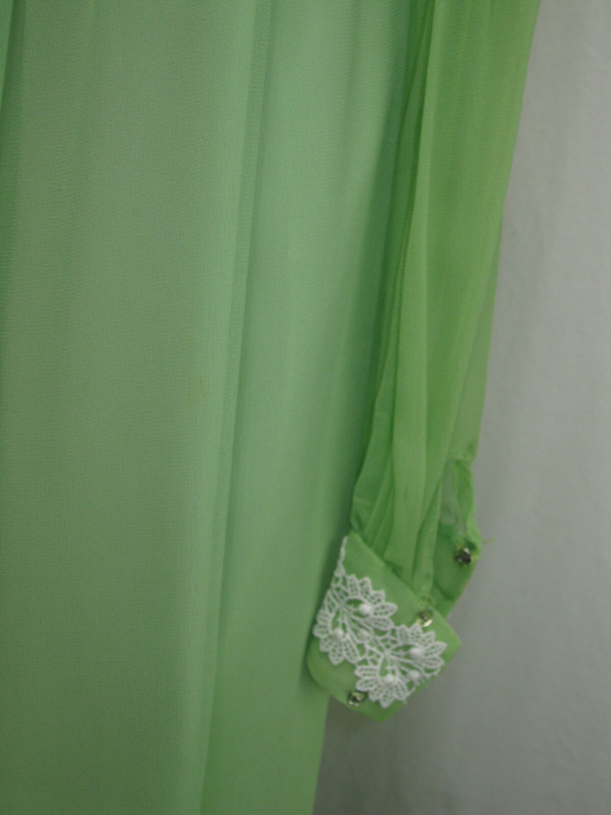 Vtg 60s 70s MOD Green MAXI PROM DRESS Chiffon BOHO Bishop Sleeves EMPIRE Sz 8