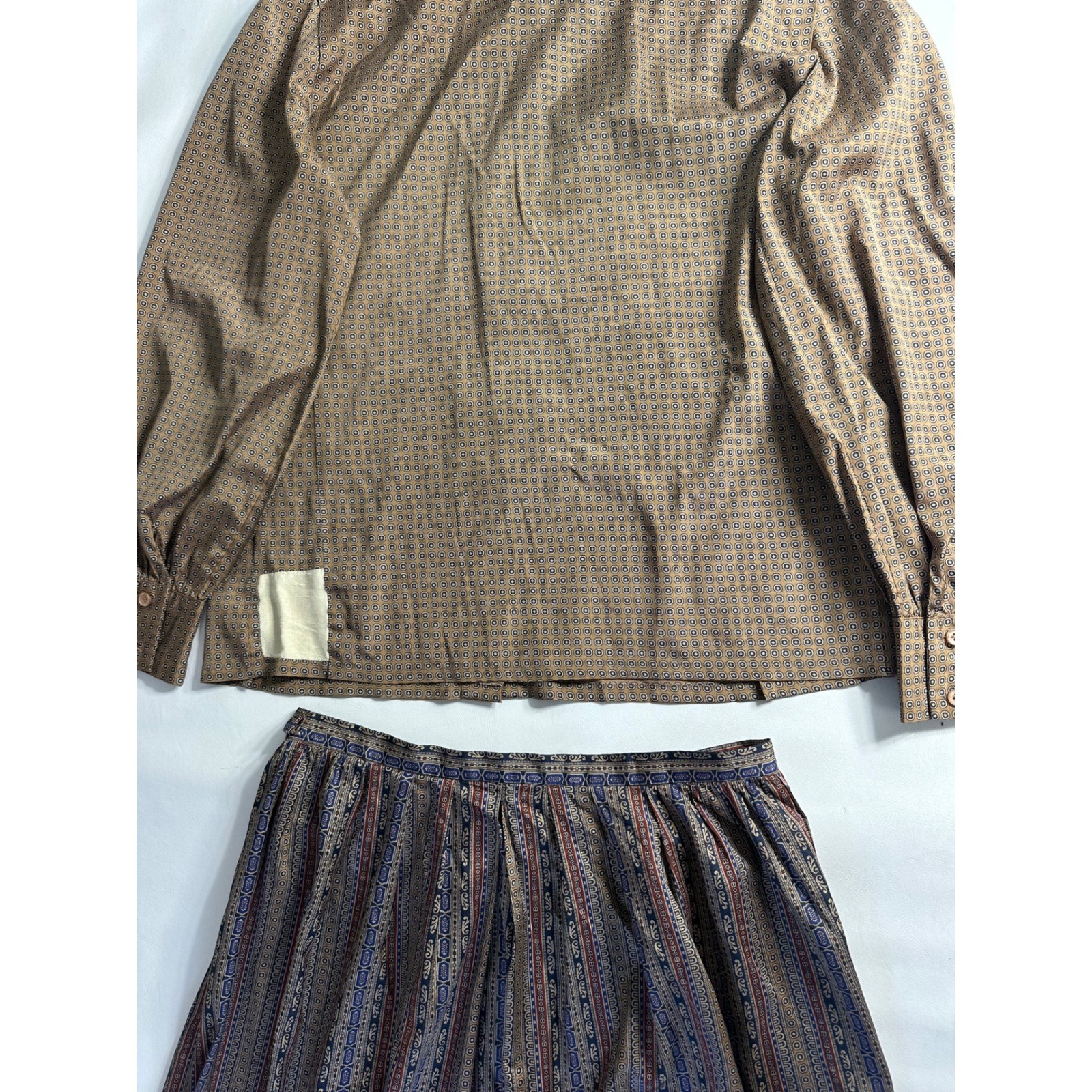 Dalton Vintage 2 Piece Skirt Set Brown Geometric Button Up Blouse Pleated Midi