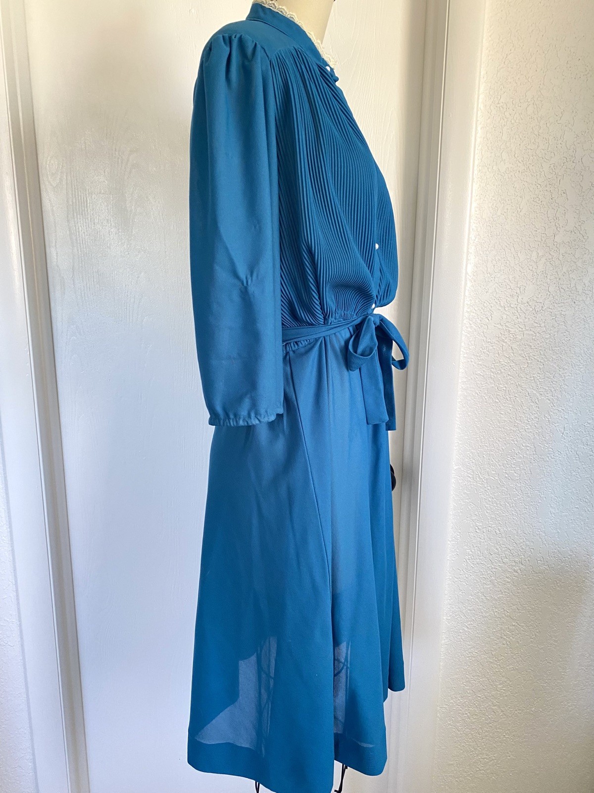 Vtg Miss Oops CA Teal Secretary Blouson Dress w Lace Accent Size L READ
