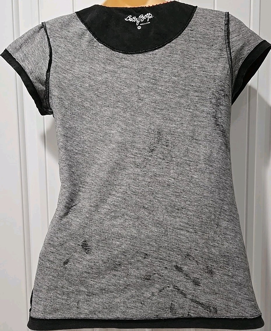 Vtg. Betty Boop T-Shirt „Open Your Heart” Black Short Sleeve Rhinestone Bow- M