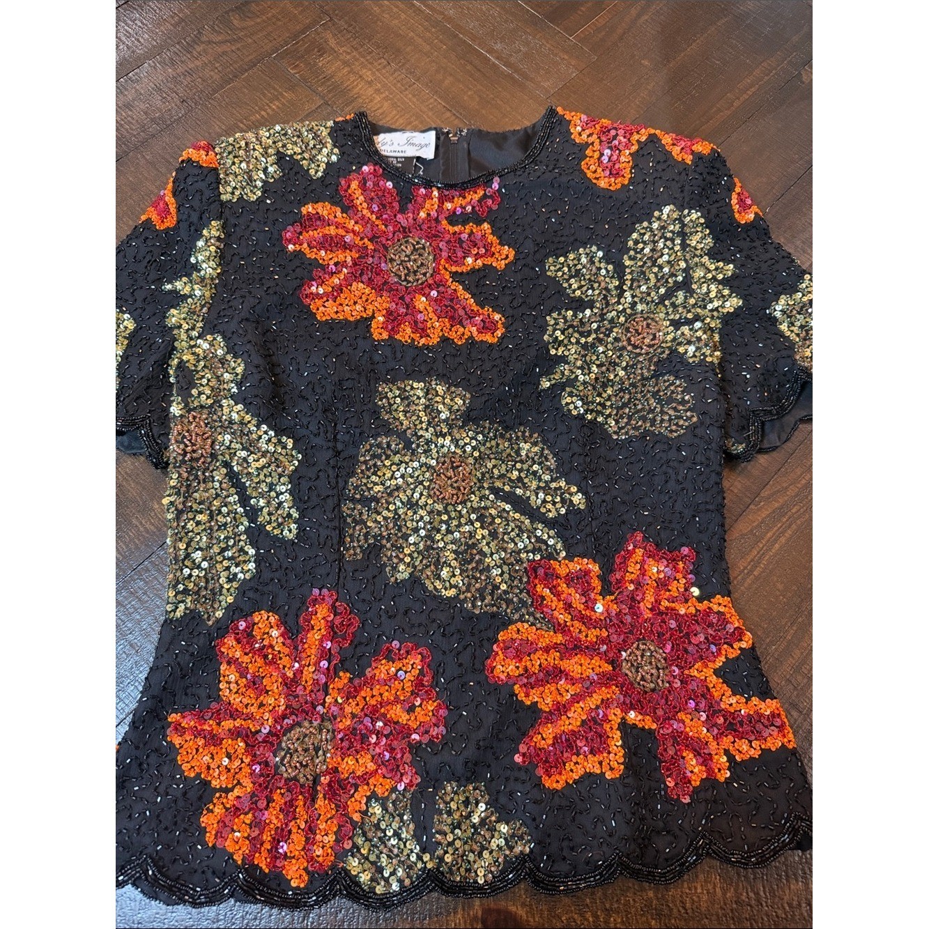 Vintage Silk Beaded Floral Top Black Sequin Scalloped Fitted M