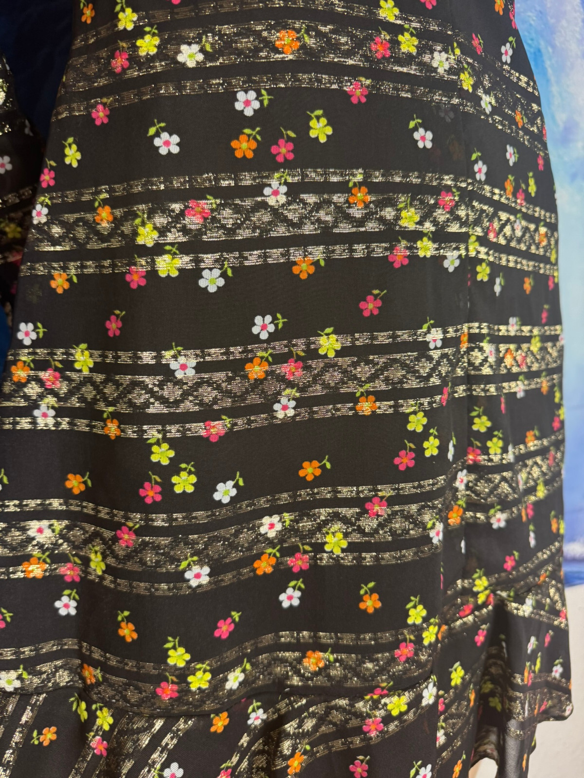 70s Vintage Dress Mini Dress Black Multicolor Floral Silver Lurex Falben ABBA XS