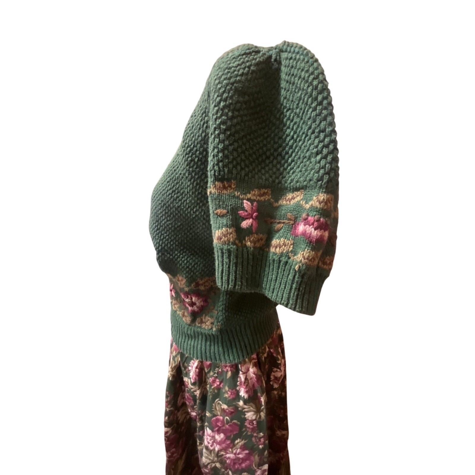 Herman Geist Vintage Hand Embroidered Sweater and Floral Maxi Skirt Set Green M