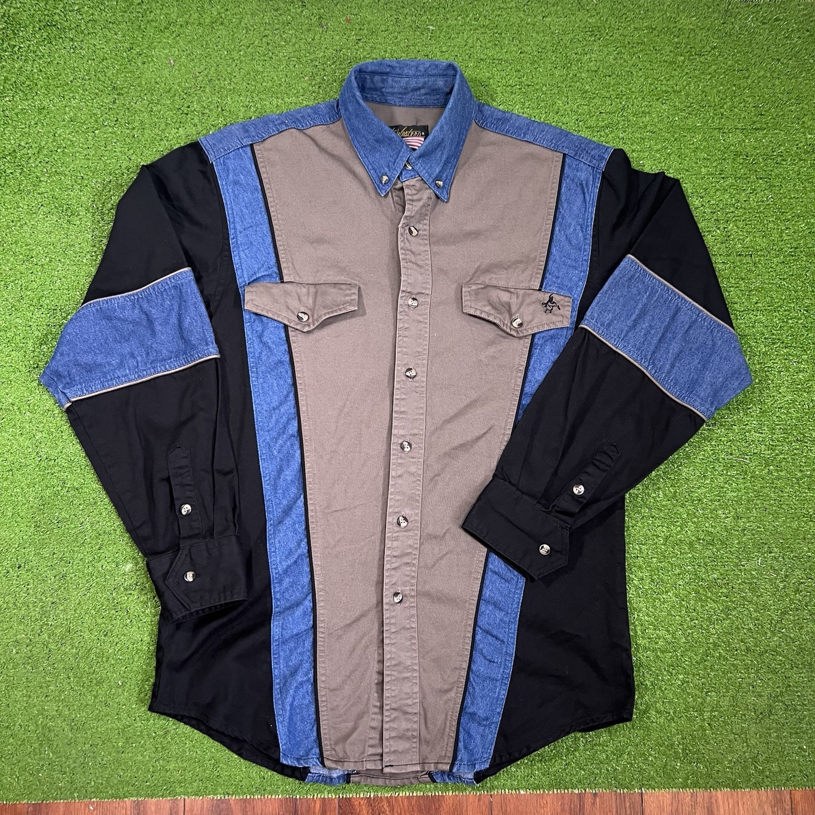 Vintage Western Shirt SM Canvas Denim Button Up Color Block Bull Rider Logo 80s