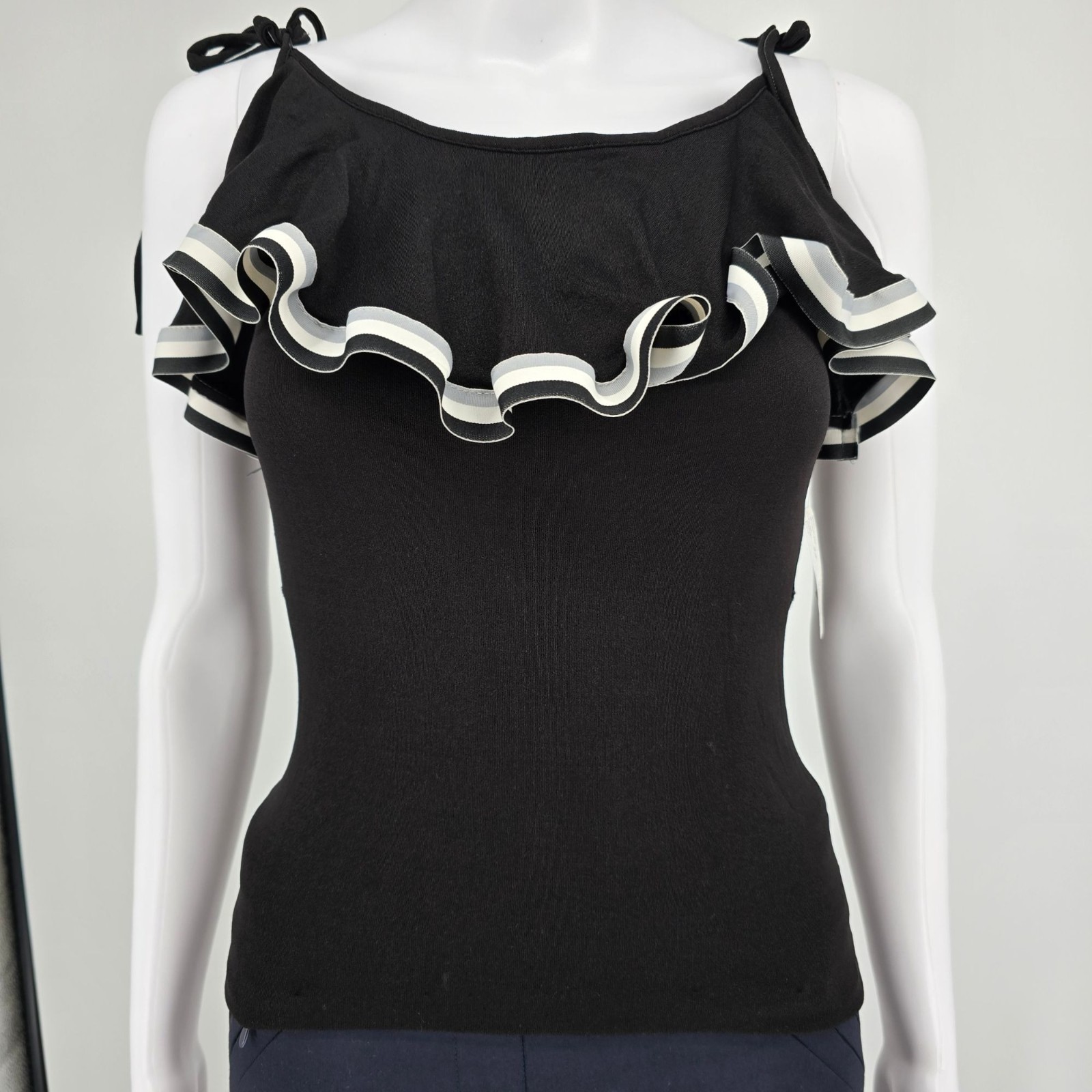Vintage 1970s Women’s Black Stretch Knit Ruffle Flounce Disco Party Top (S)