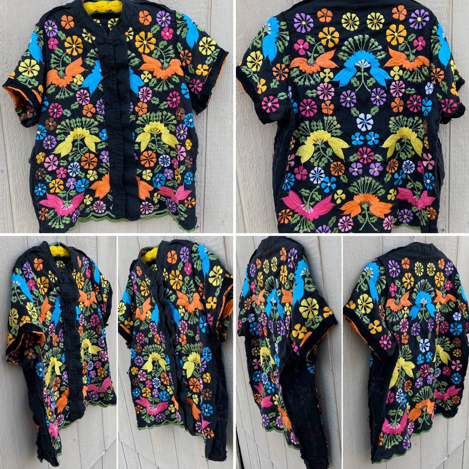 Vintage Embroidered Blouse Top Short Sleeve Mandarin Collar All Over Embroidery