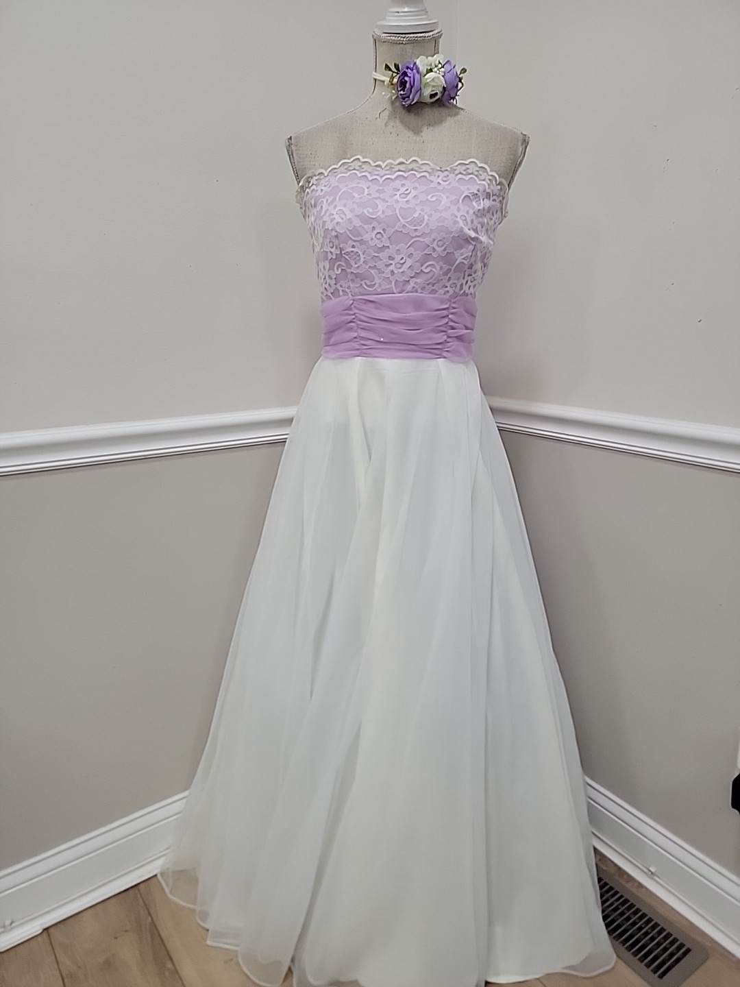 VTG’70s Lavender Lace Strapless Evening Dress ILGWU Organza Gown/Bridgerton Styl