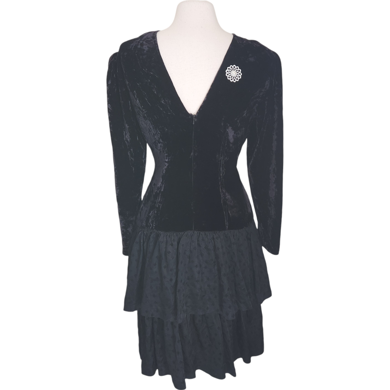 Vtg 80s Witchcore Black Velvet Dress 6 Drop Waist Ruffle Skirt Witchy Grunge