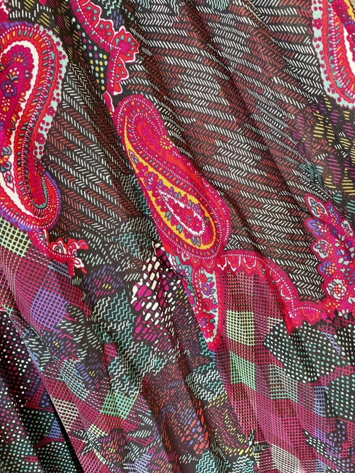 Boho Multicolor Paisley Day Dress ¾ Sleeve Belted Pleated Vintage 70’s