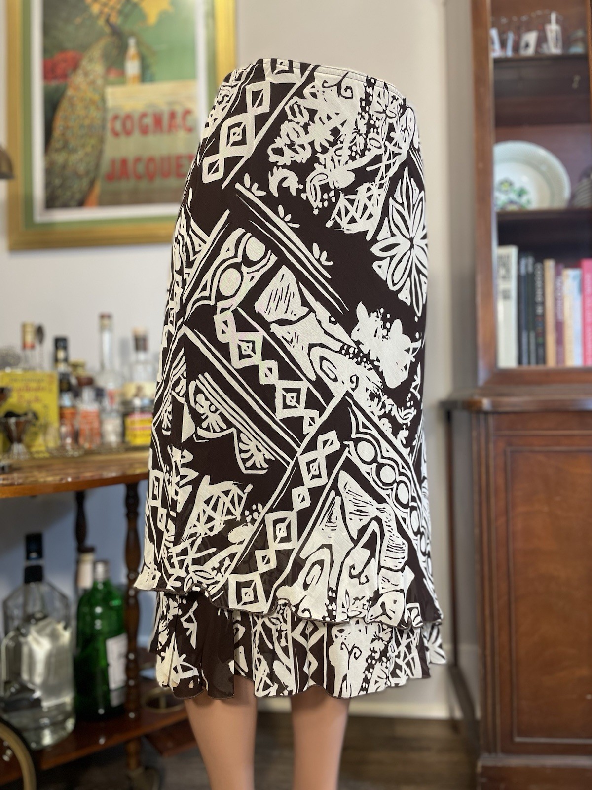 Vintage 90s Brown and White Hawaiian Floral Ruffled Midi Skirt