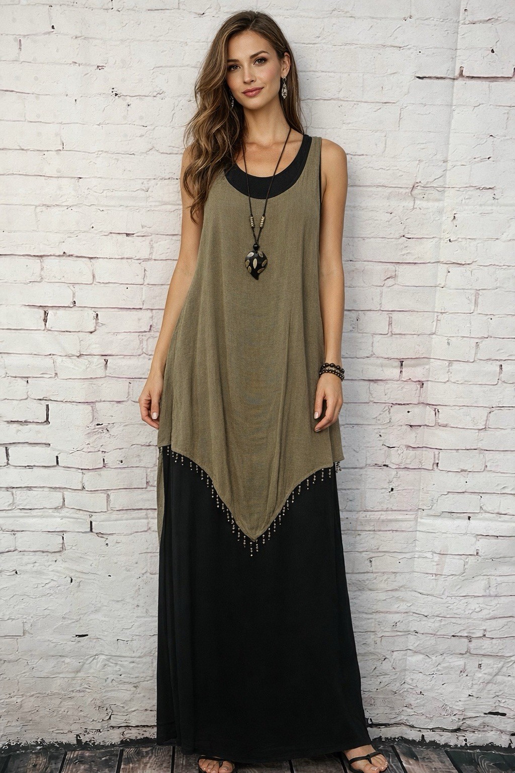 Vintage Dress Nina Piccalino Boho Beaded Black Brown Lagenlook Boho Size 8