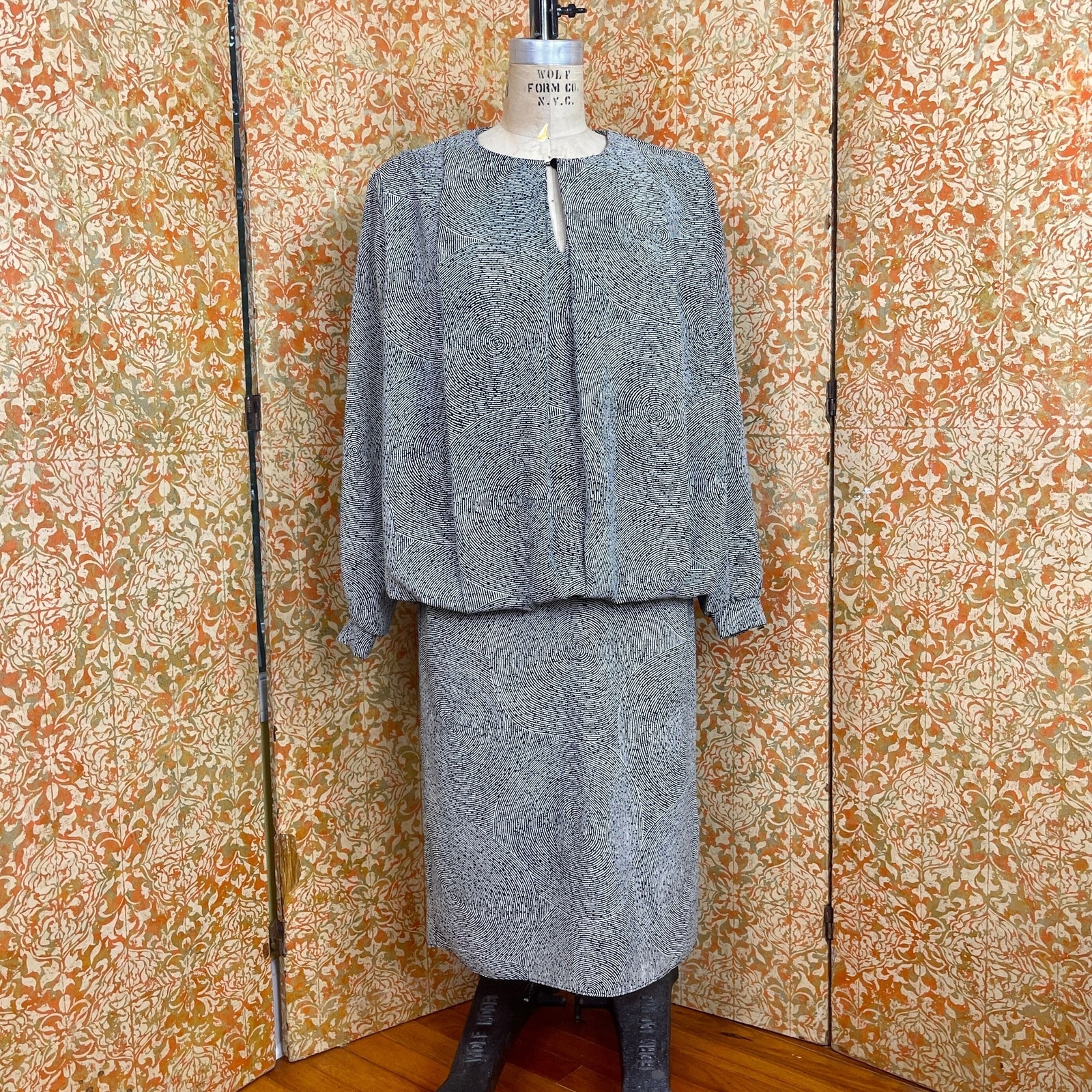 80s B&W Finingerprint Drop Waist Dress S Dawn Joy