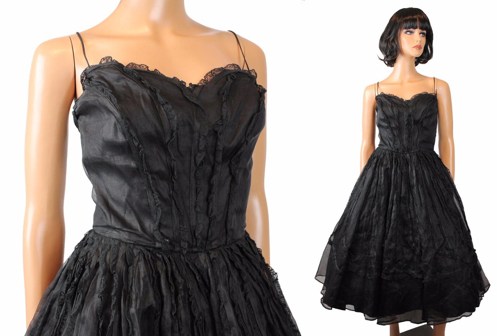 50s Prom Dress XS Vintage Black Sleeveless Organdy Chiffon Lace Cocktail Gown