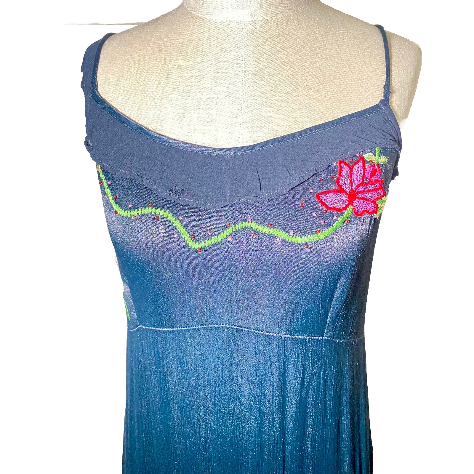 Vtg 90’s Papillon Embroidered Satin Asymmetrical Hemline Midi Med