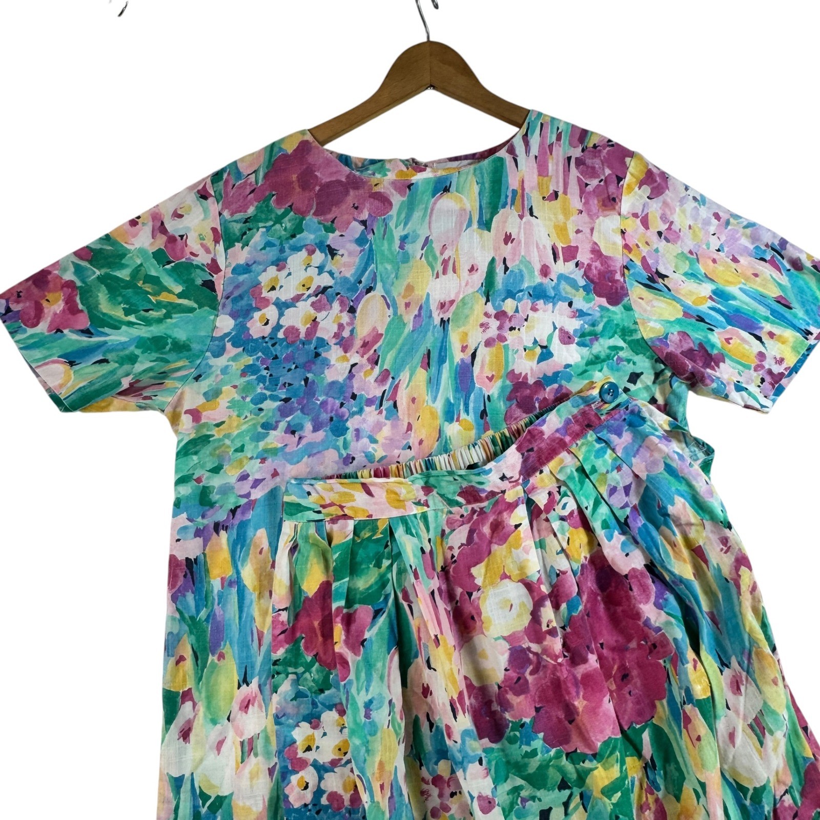 Vintage Floral Watercolor Two Piece Set Pleated Midi Skirt Short Sleeve 80s 90s