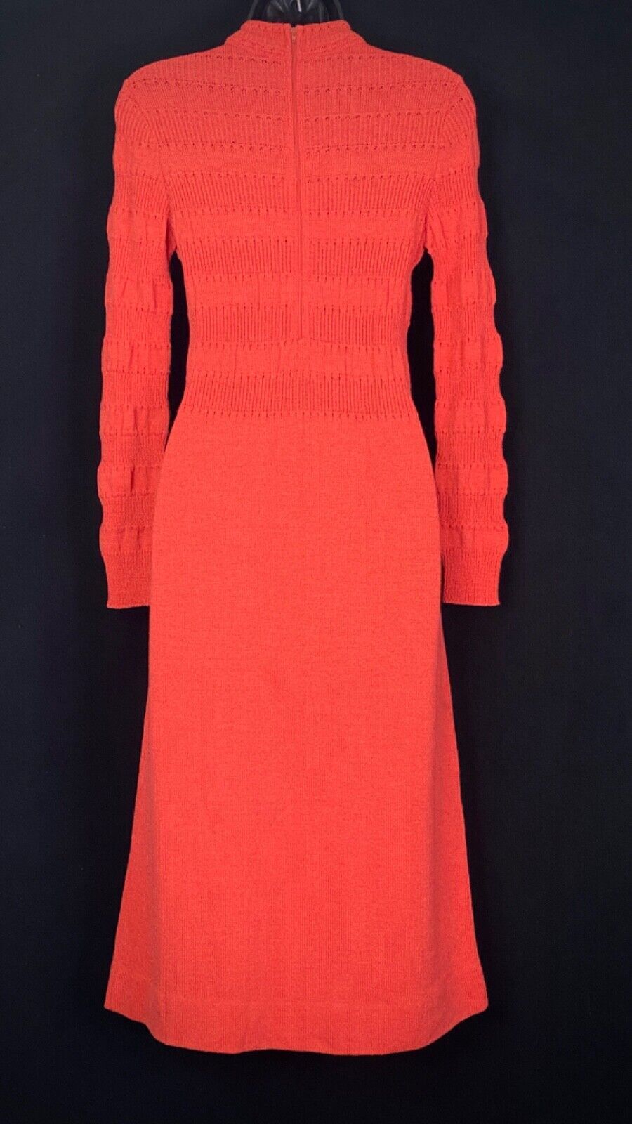 Vintage 1970s coral sweater dress, long sleeve orange knit salmon XS S