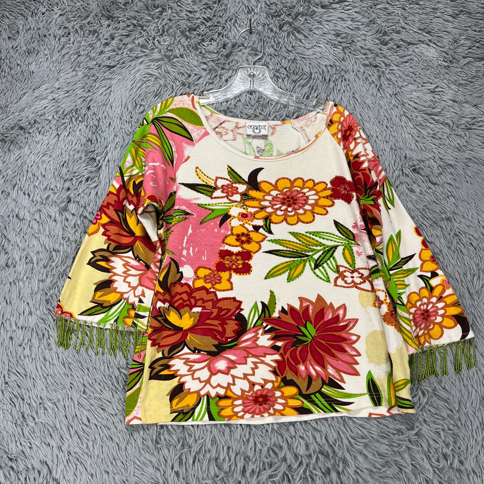 Vintage Cervelle Blouse Women’s M Floral Beaded Fringe Tropical Beach Eclectic