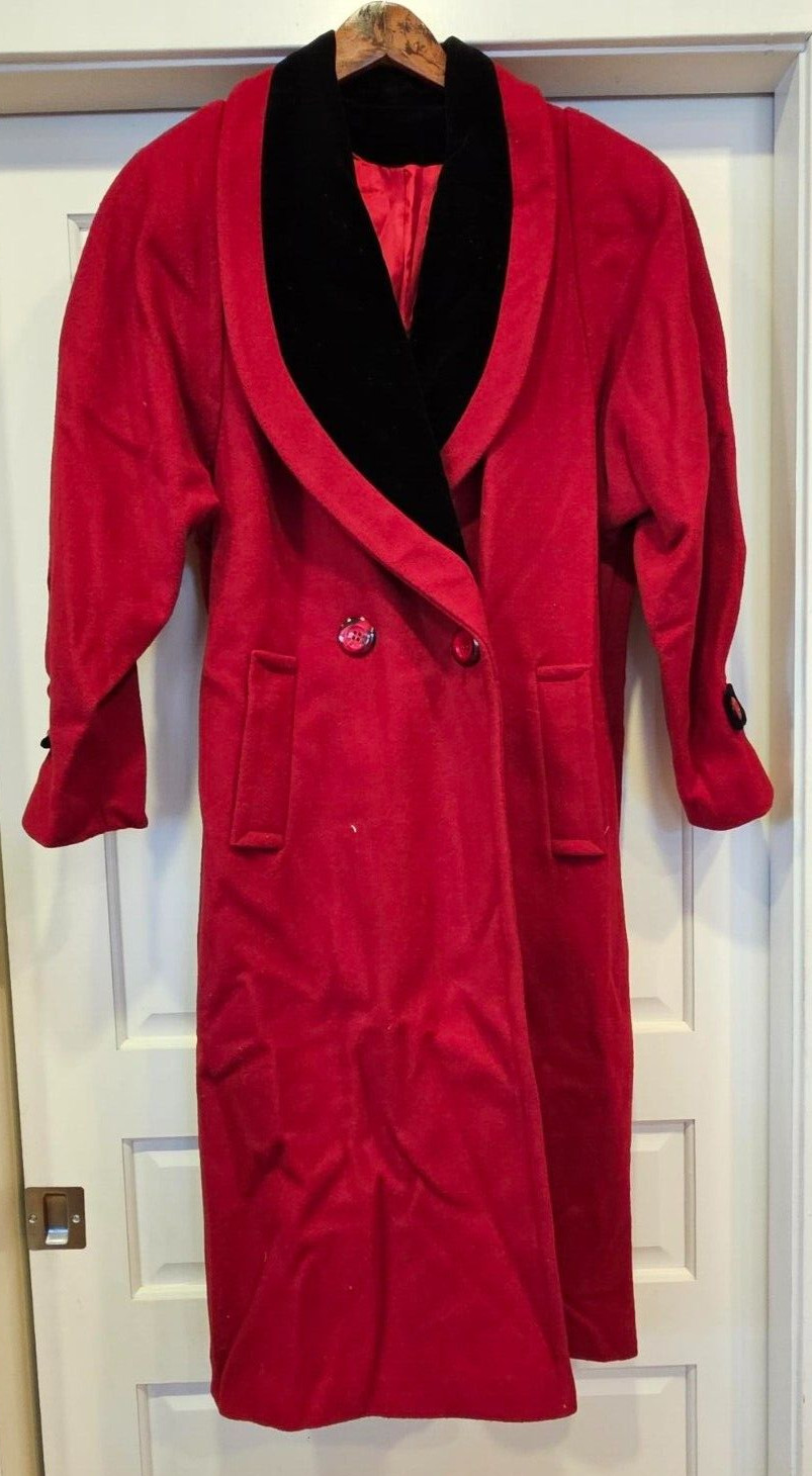PORTRAIT Long Duster/Trench Coat Wool Blend & Velvet Trim Jacket 80s 12 FREE S&H