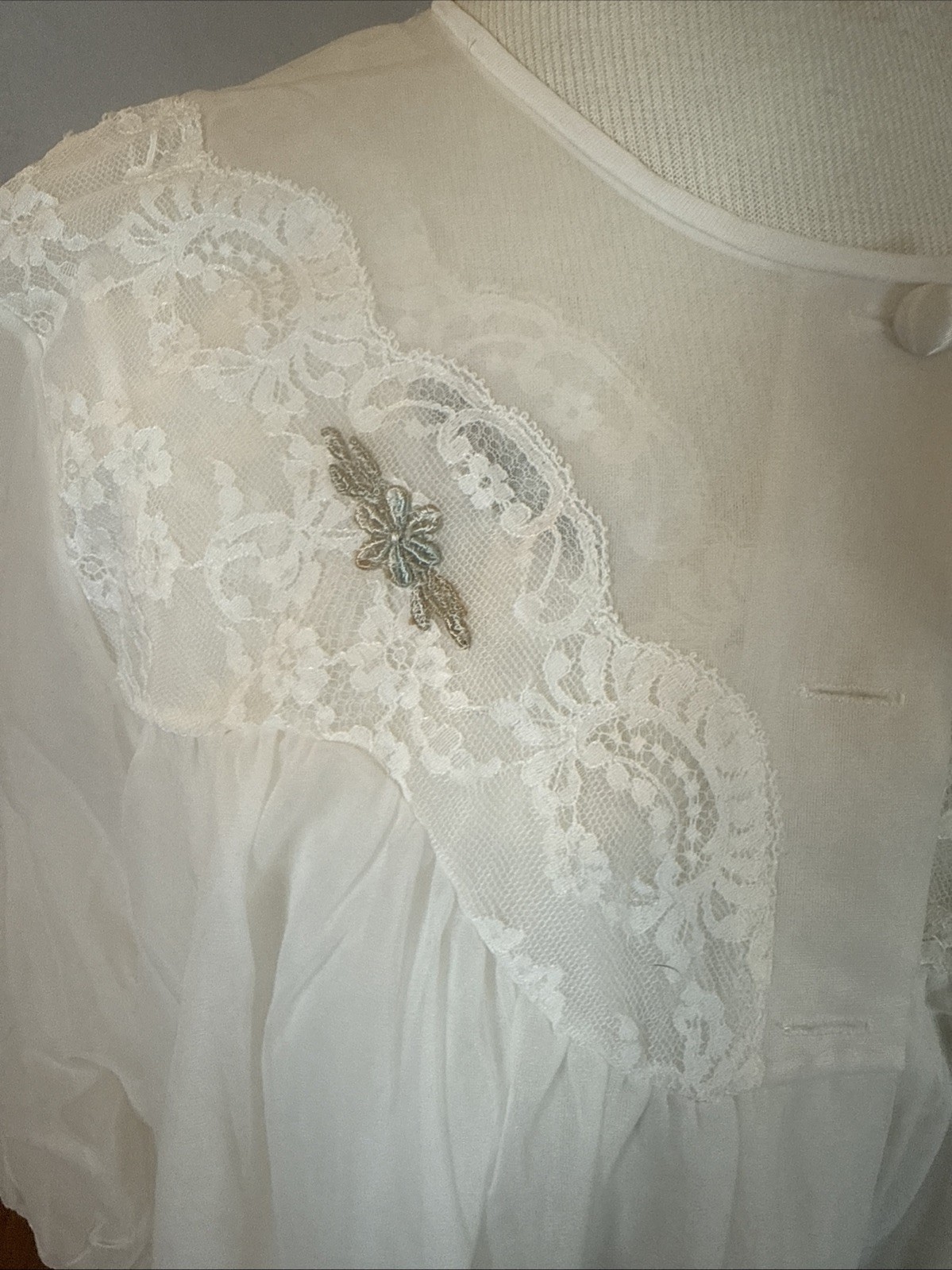 Vtg Shadowline Peignoir Ivory Lace Embroidered Nightie Robe Set med Coquette