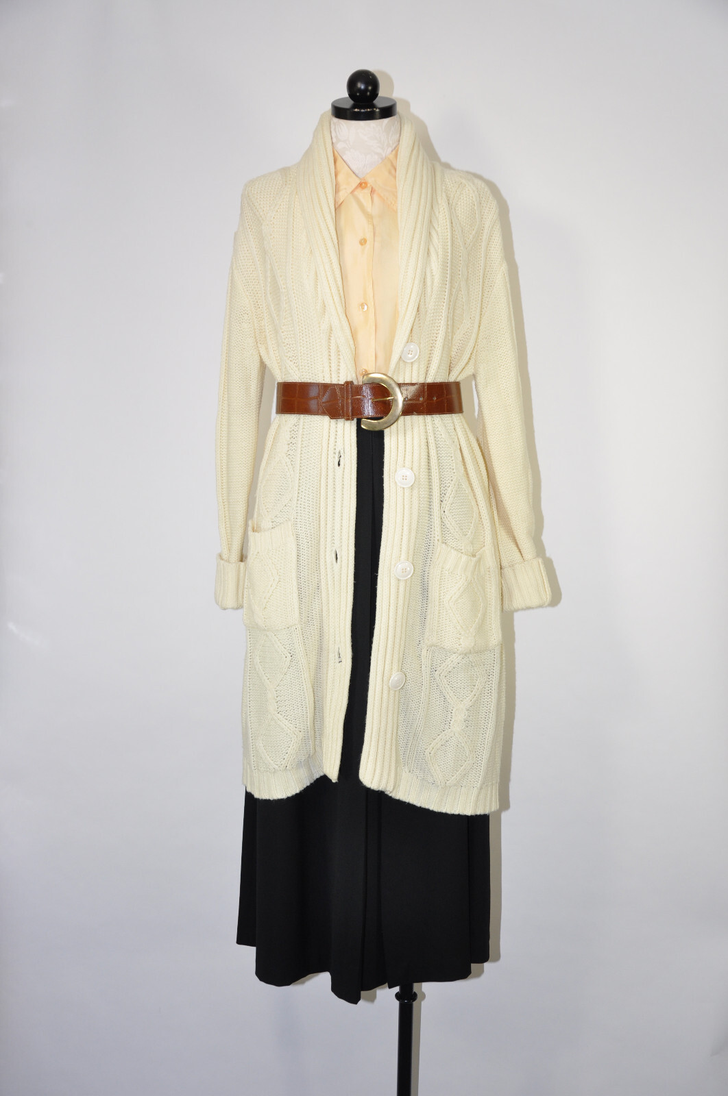 70s Cream Fisherman Cable Knit Shawl Duster Long Cardigan Sweater Coat Women M L
