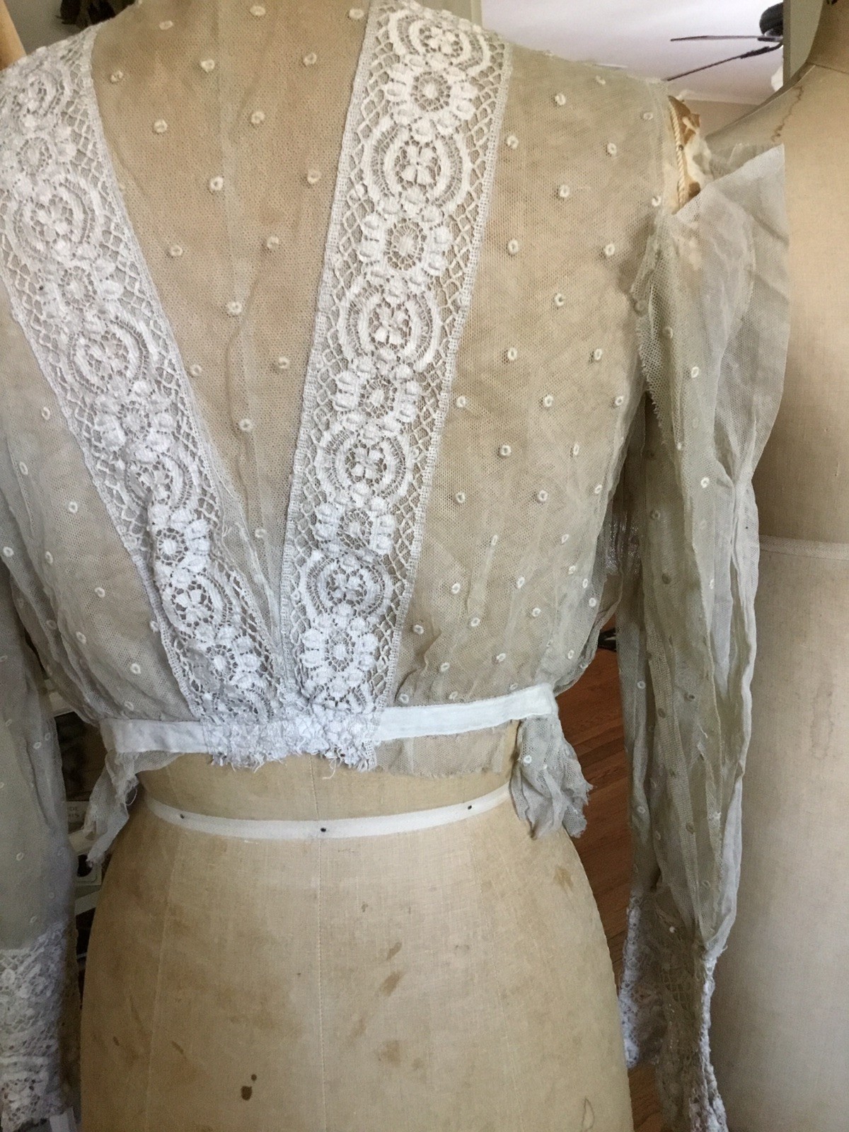Antique Vintage Edwardian Victorian Net Blouse Lace Detail Ecru Student AS IS