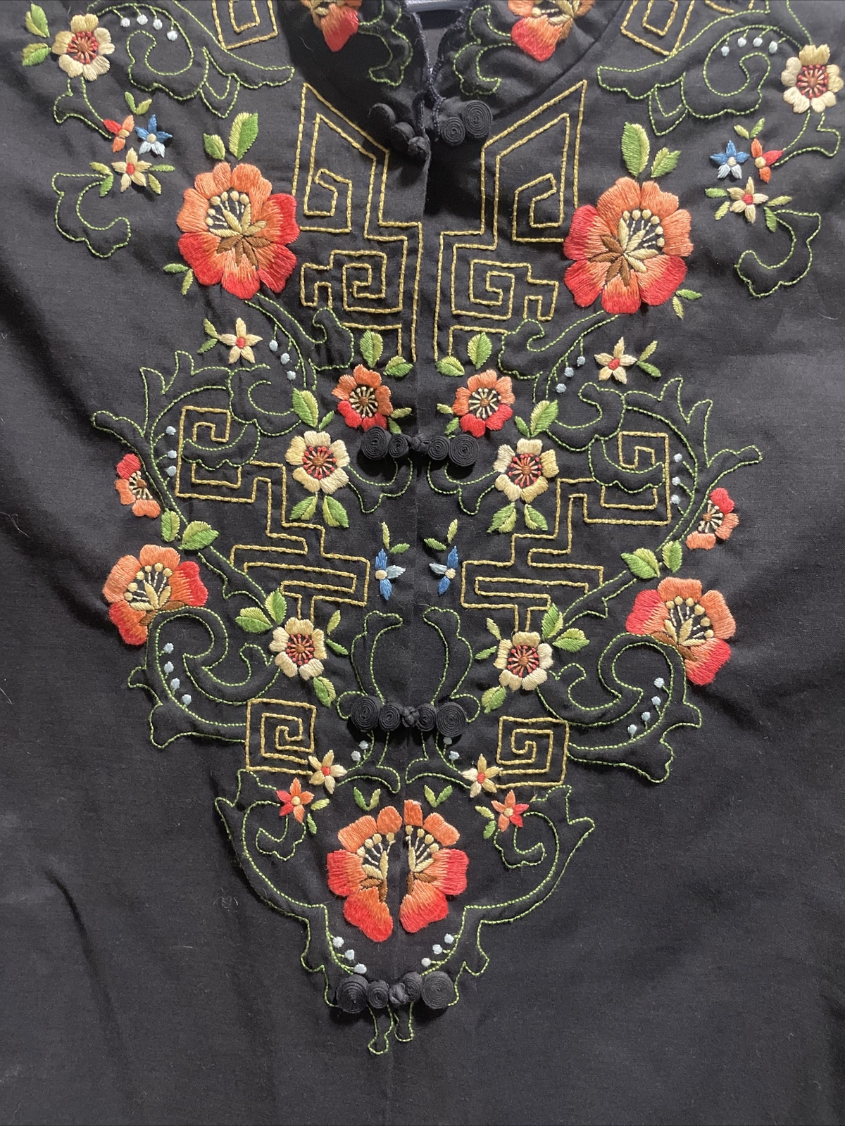 Vintage Daffodil Top Women’s SM Asian Oriental Chinoiserie Embroidered Floral
