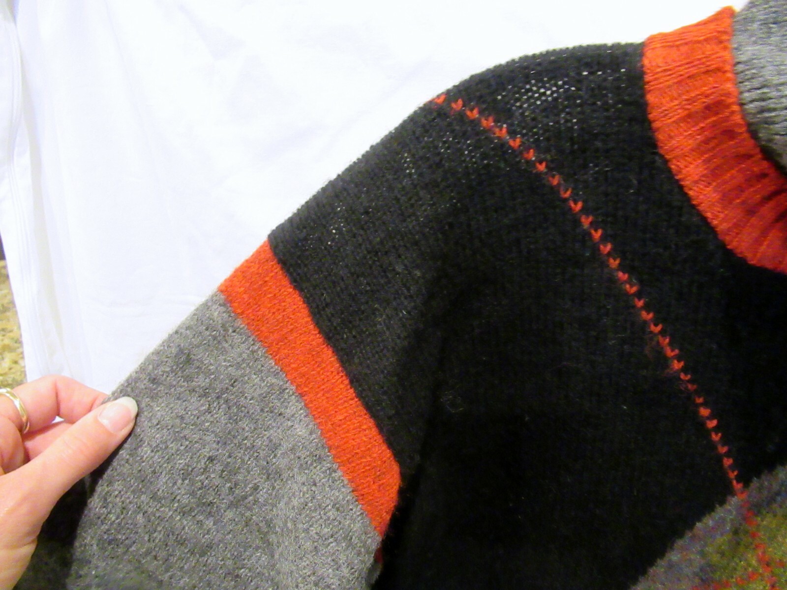French Connection black gray and red sweater top, 40″ chest, c. 1980s