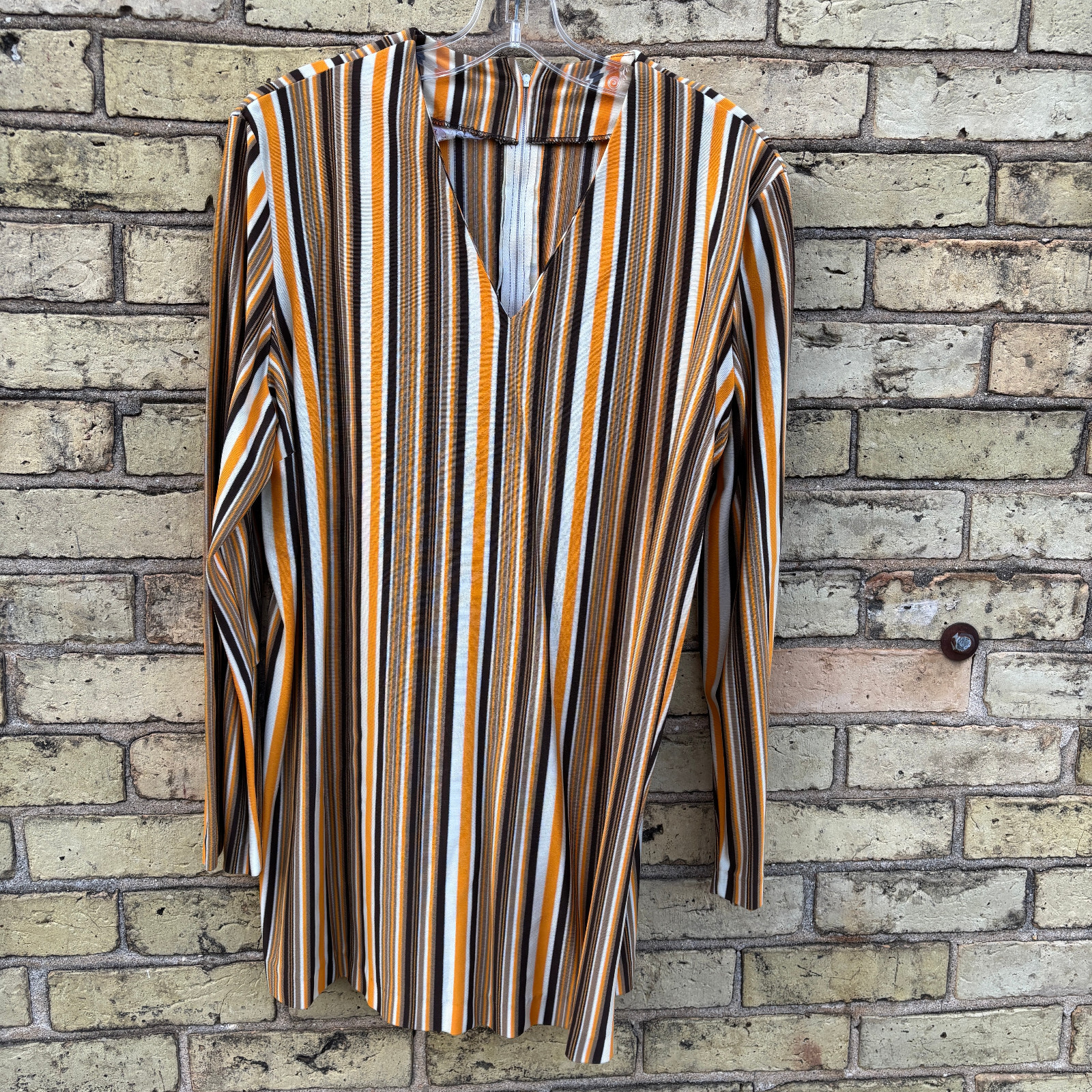Vintage 1970s Striped Gold, Black & White Stripe V Neck Tunic Top 44 Carol Henry