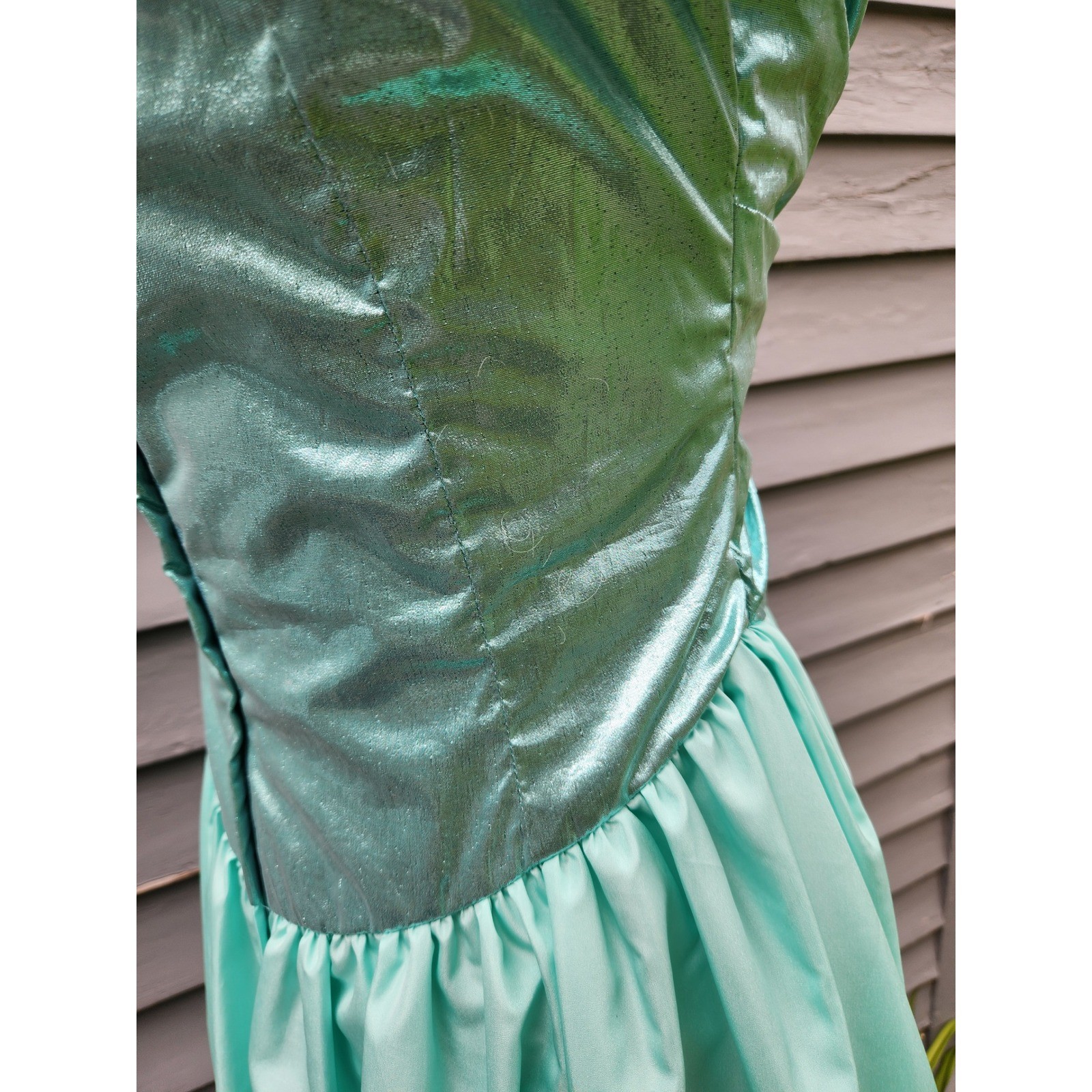 Vintage 80s Prom Dress Teal Metallic Lamé Puff Sleeve Maxi Bow Small