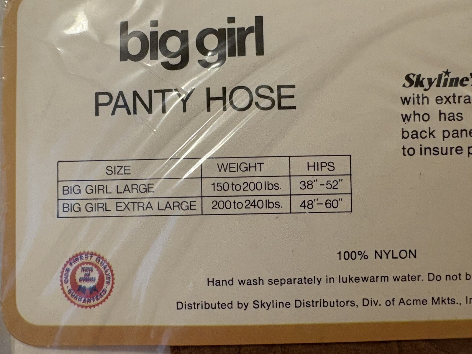 Skyline Big Girl Panty Hose Beige Panty Hose 780-095 XL 200-240lbs Hips 48”-60”