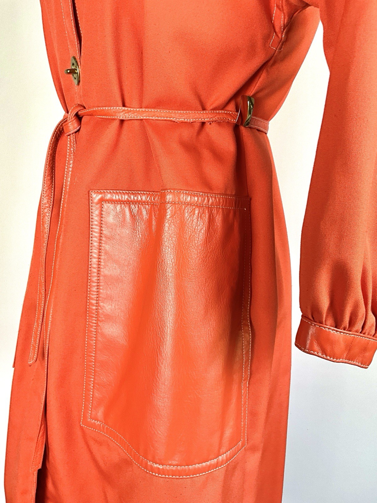 Vintage 1960’s Bonnie Cashin Sills Tangerine Canvas Coat w Big Leather Pocket
