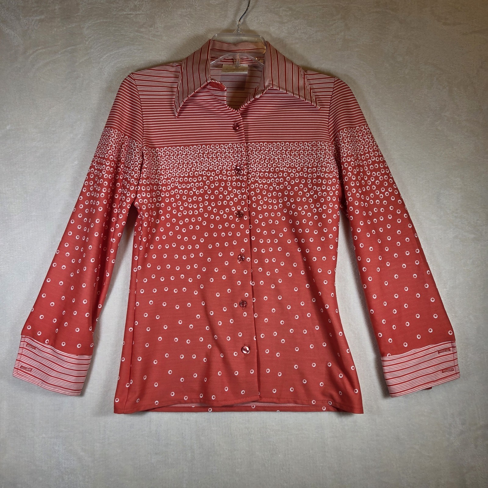 VTG 70s Jantzen Geometric Dots & Stripes Shirt Womens 8 Orange Polyester Disco