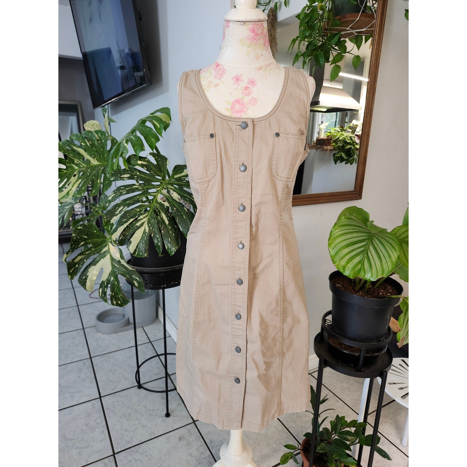 Vintage NY Jeans New York & Company Khaki Cotton Button Front Utility Dress
