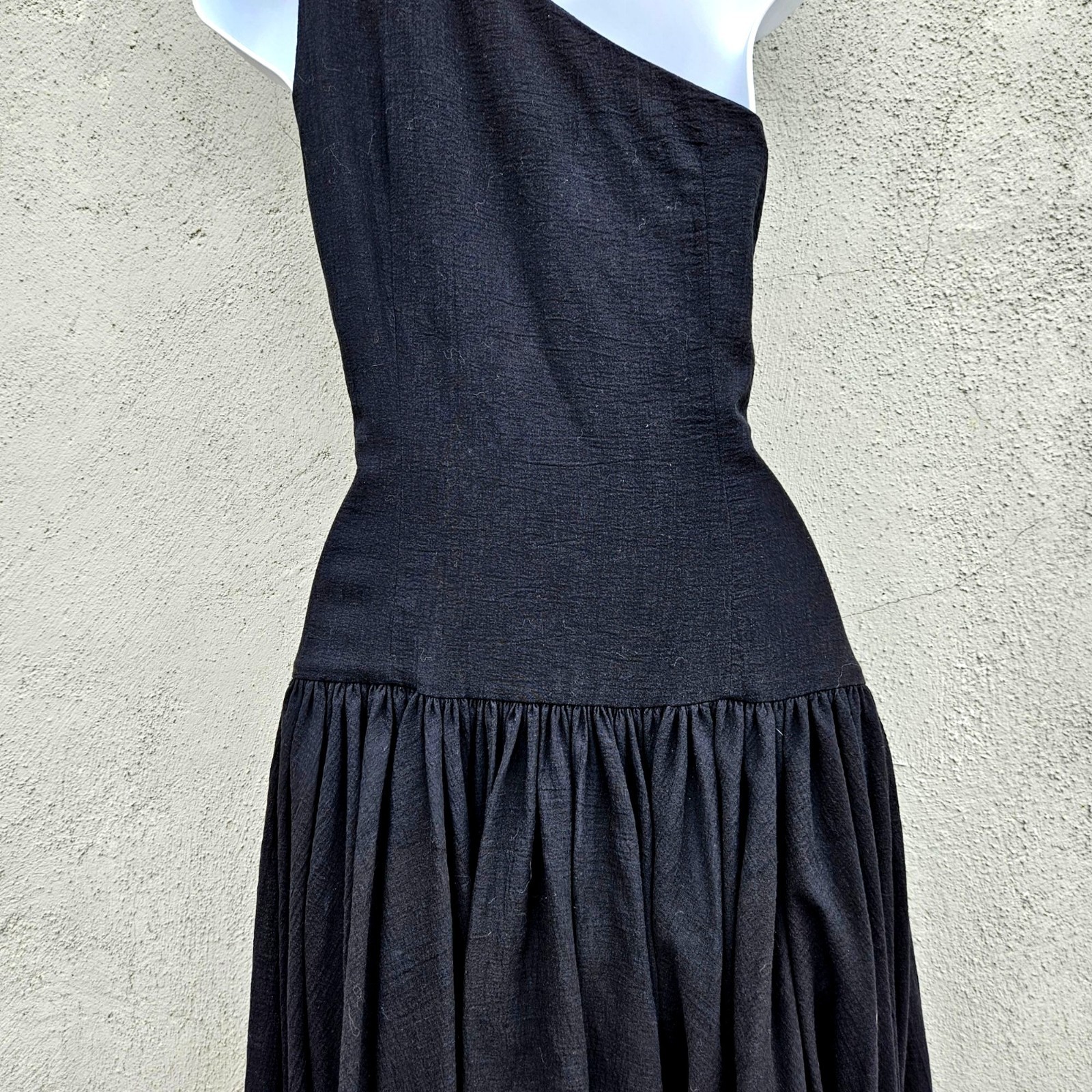 Vintage 80s Georges Rech Paris Black Cotton One Shoulder Dress Rosette Small