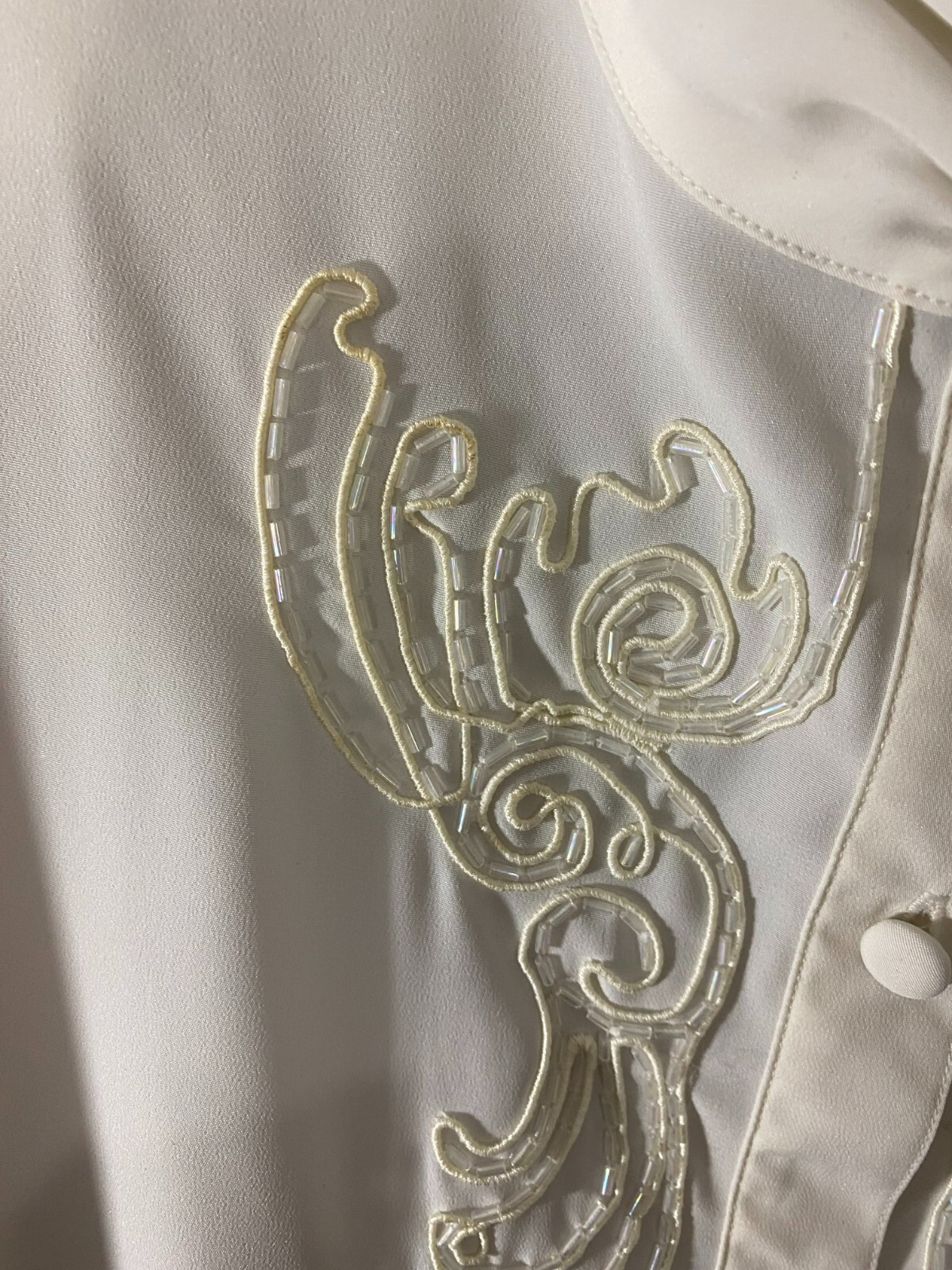 1980’s Beaded Blouse-Koret Petites -PM-White-High Collar-VICTORIAN LOOK- SALE