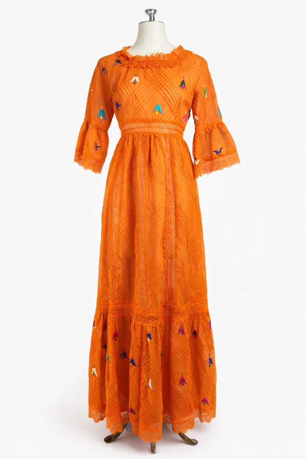 Vintage 70s Orange Embroidered Lace Maxi Dress Boho Bell Sleeve Cottagecore