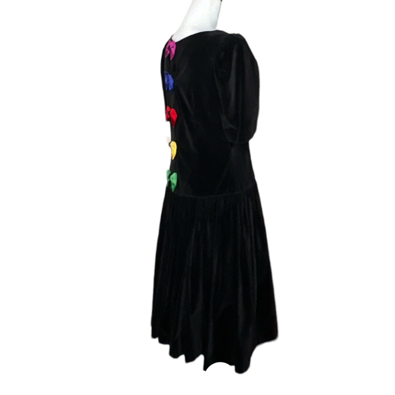 80s Misty Lane Black Velvet Drop Waist Multicolor Bow Back Vintage Dress 11/12 S