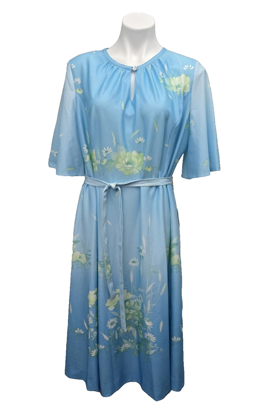Vintage 80s Plus Size Daisy Floral Dress Blue Ombre Damon Union Made USA Belted